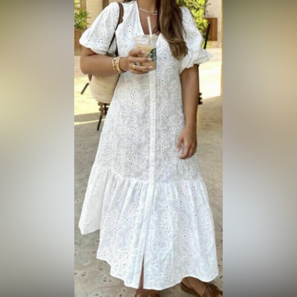 Zara Dresses & Skirts - ZARA White Embroidered Eyelet Midi Dress  M Boho Cottagecore Fairycore V Neck